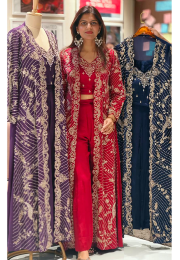 Heavy Sequins & Thread Hand Embroidered Full-Sleeve Long Shrug, Crop Top with Flared Palazzo Bottom Set- 16960