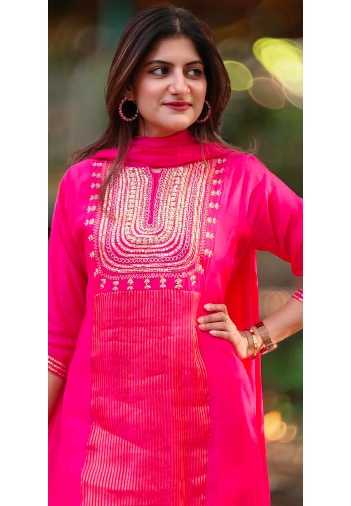 Vibrant A-Line Golden Striped Sequin Ensemble Mul-Chanderi Full Suit Set With Dupatta- 17009
