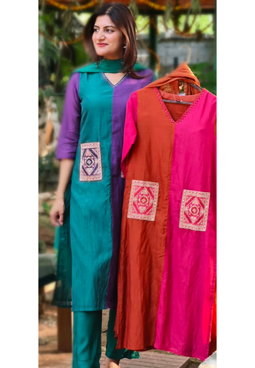 Dual Tone V-Neck Square Pocket Accented Mul-Chanderi Full Suit Set With Dupatta- 17017