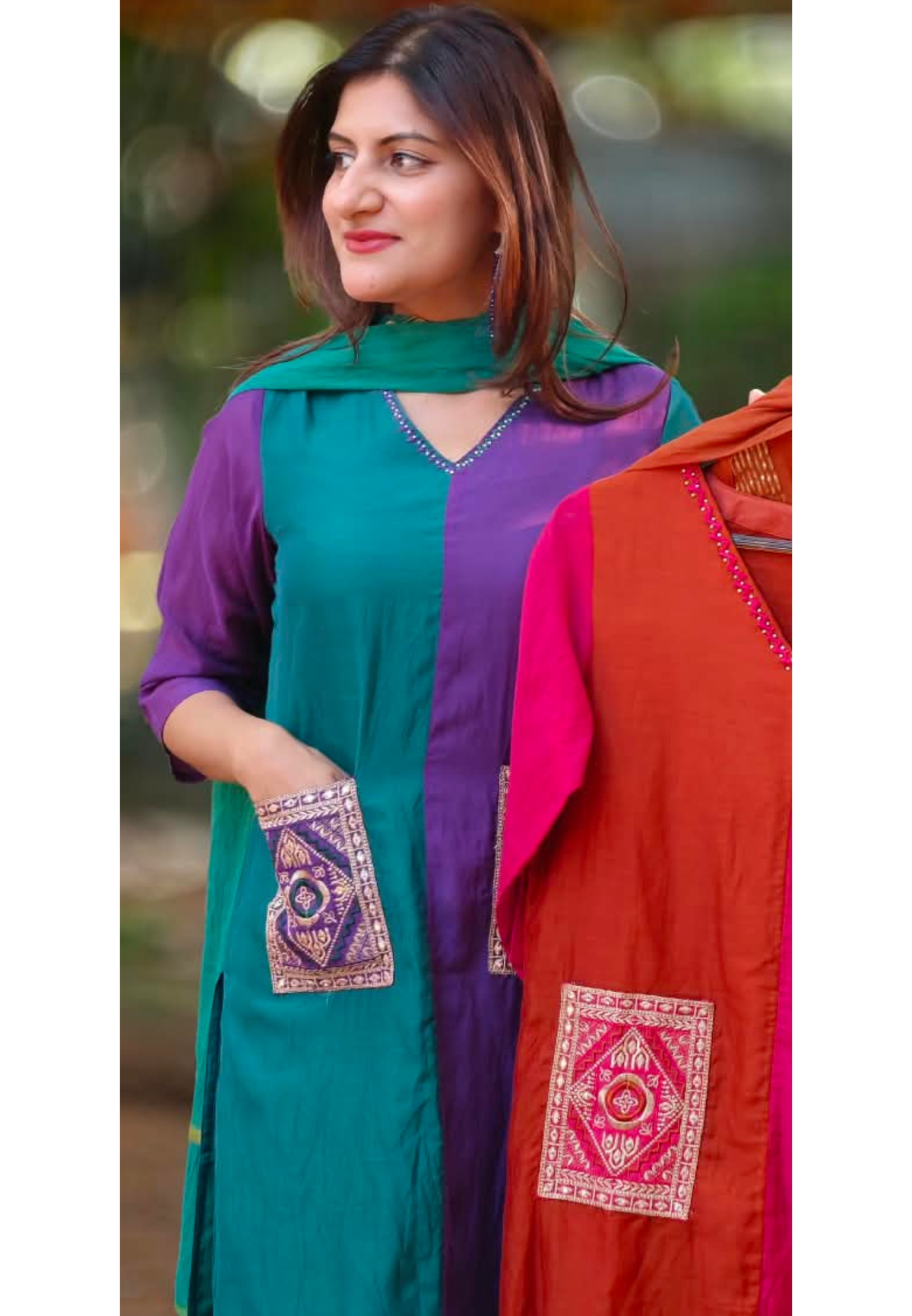 Dual Tone V-Neck Square Pocket Accented Mul-Chanderi Full Suit Set With Dupatta- 17017