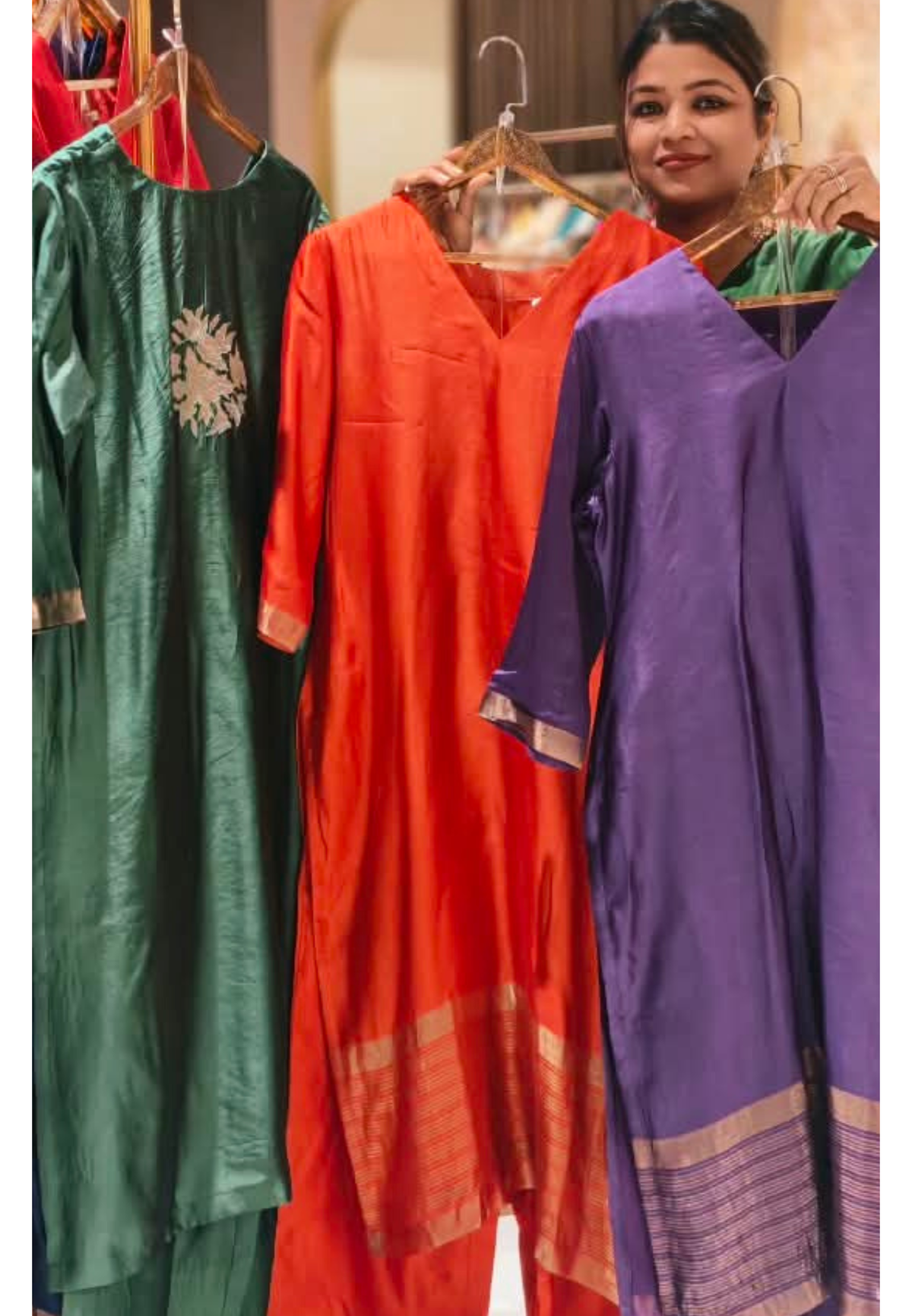Minimal Metallic Gold Striped and Textured Woven Hem Border Raw Silk Matching Back Patchwork Straight Kurta Side Slit Pant Set - 17055 17056
