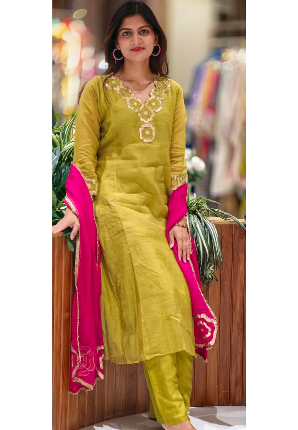 Olive Green Straight Cut Full Suit Set with Scalloped Gota Patti V-Neck Floral Work- 16946