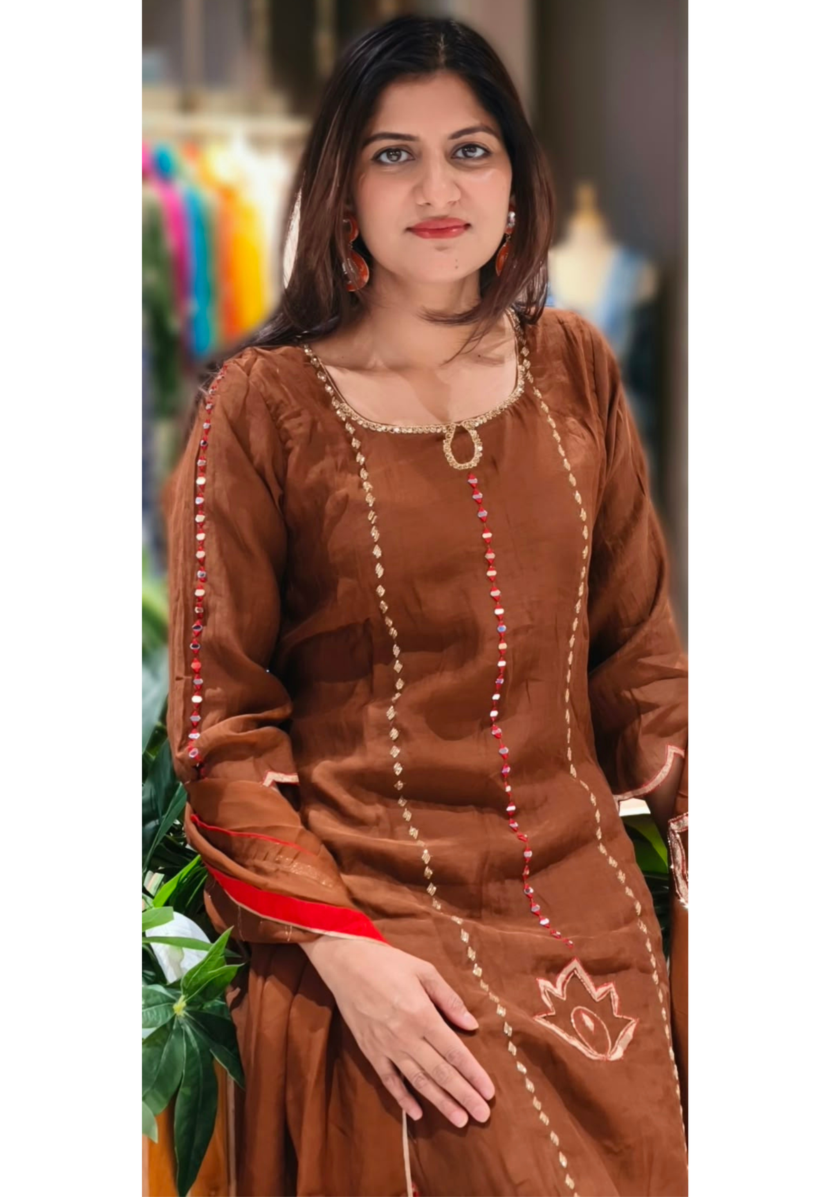 Real Mirror With Cut-Dana Panel Work Mul-Chanderi A-Line Full Suit Set With Matching Dupatta- 17070