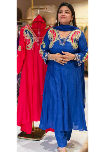 Mango Buti Paisley Yoke Tassel Accent Flare Russian Silk A-Line Full Suit Set With Dupatta- 16987