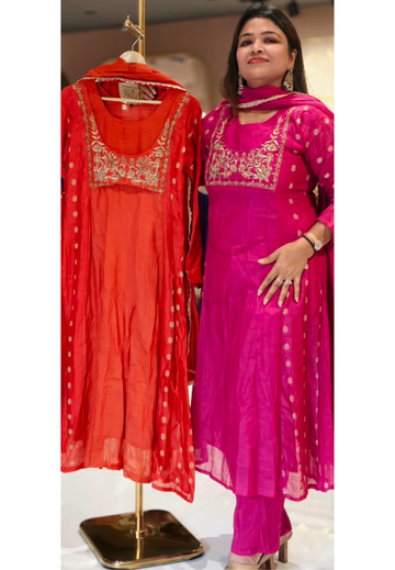 Pure Mulchanderi Aline Full Suit with Elegant Zardozi Embroidery, Polka Dot Motifs & Matching Dupatta Bottom Set- 16928