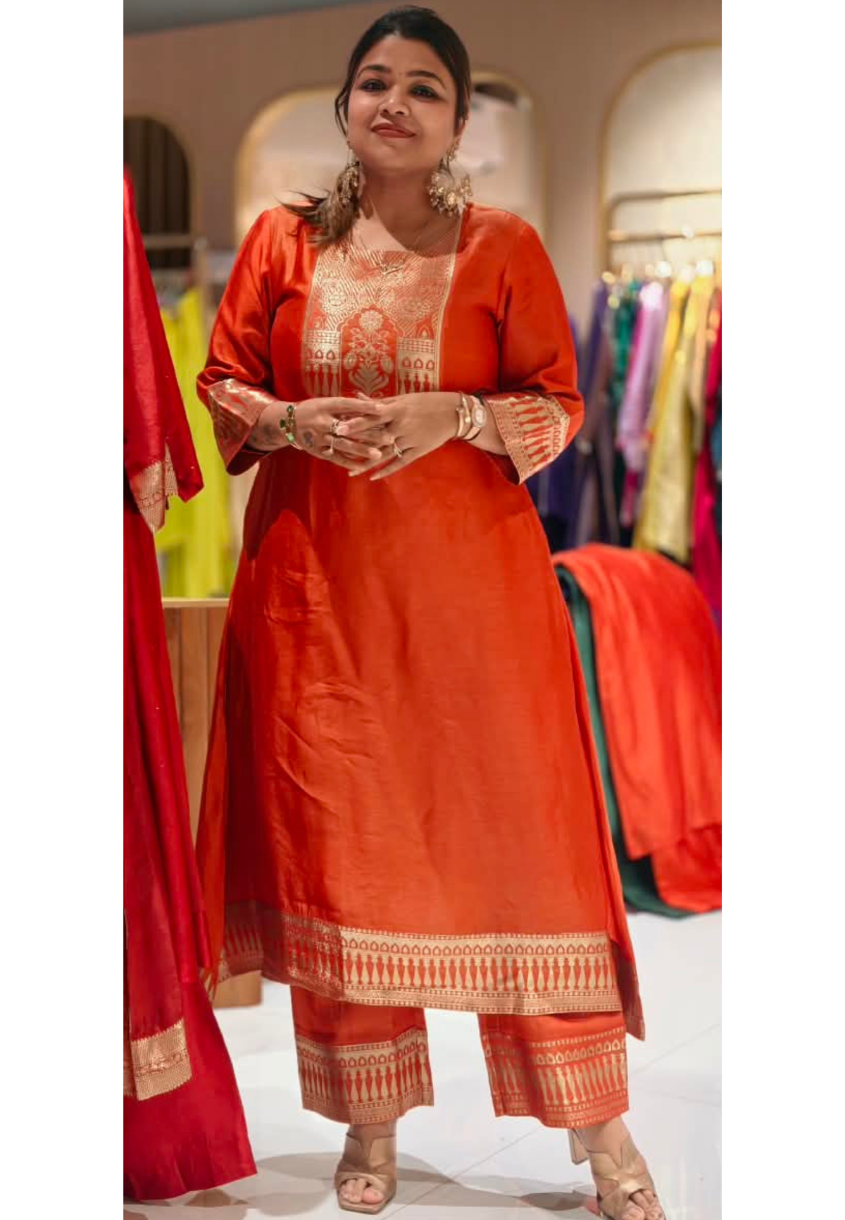 Burnt Orange Round Neckline Antique Gold Traditional Woven Yoke Bordered Premium Raw Silk Aline Kurta Pant Set- 17054