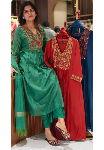 Rich Ethnic Heavy Yoke Thread & Sequin Embroidered Mul-Chanderi A-Line Full Suit Set With Dupatta- 17073