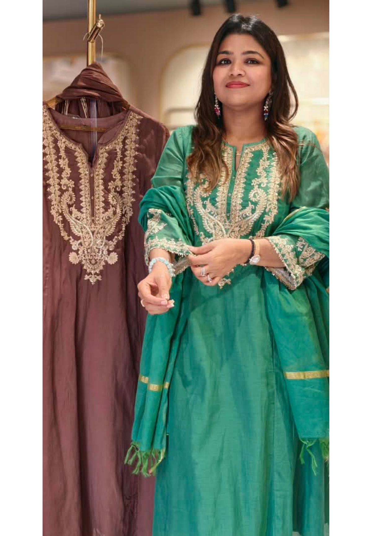 Classic Floral Zari Thread Embroidered Front Designed Side Panels Banarasi Mul-Chanderi A-Line Full Suit Set With Dupatta- 17074