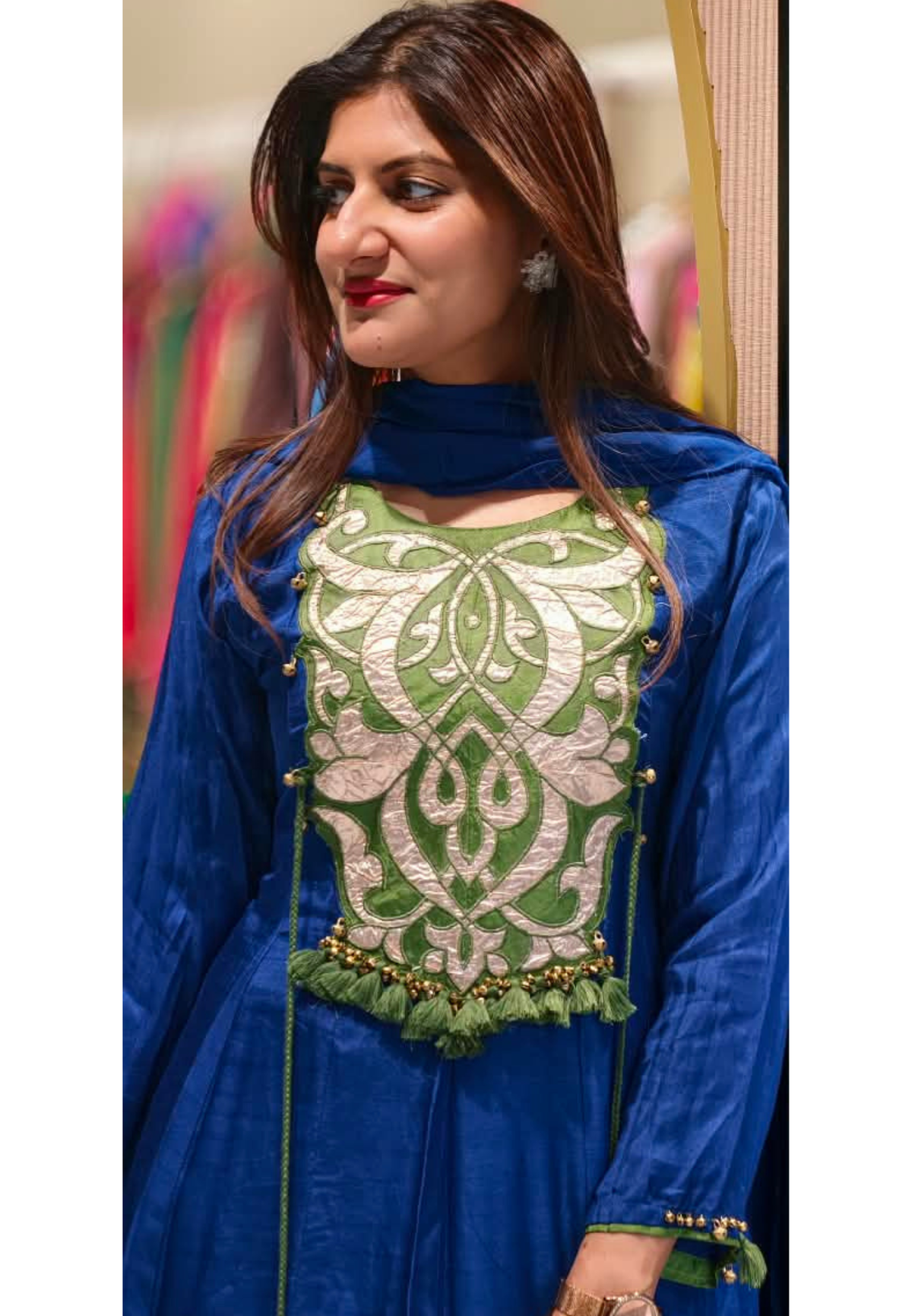 Royal Blue Appliqué with Green Contrast Patchwork & Tassel Details Anarkali Full Suit Set With Dupatta- 16927