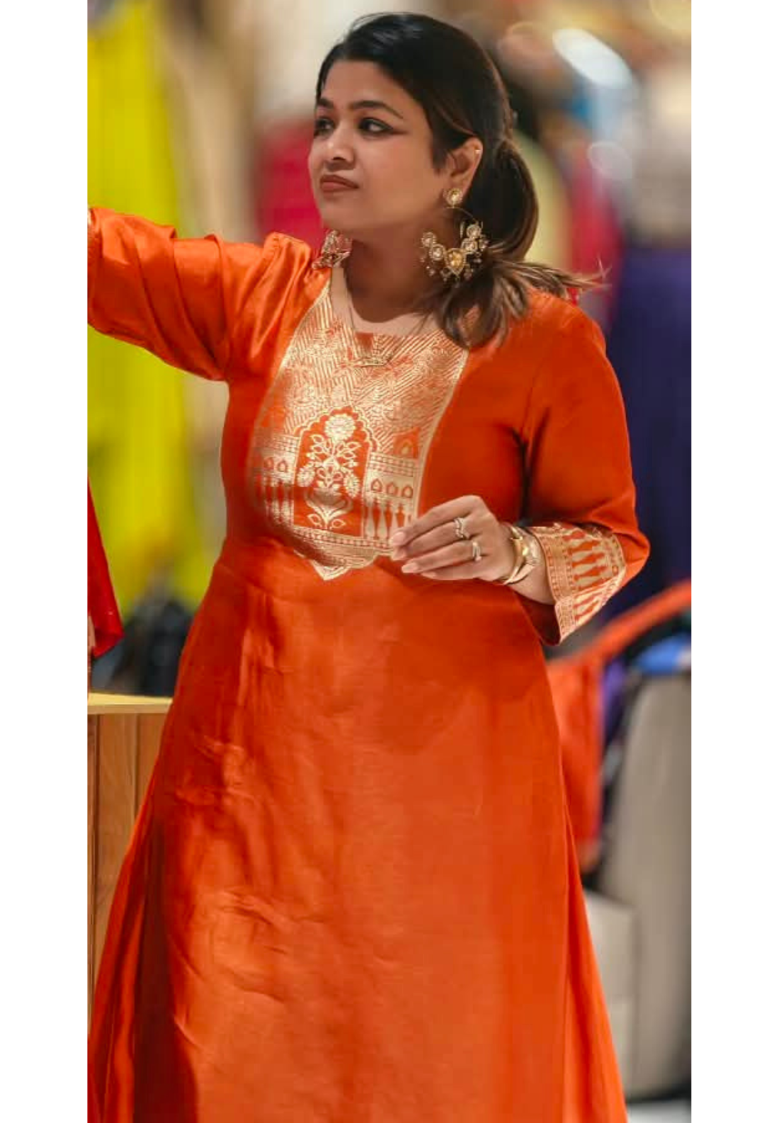 Burnt Orange Round Neckline Antique Gold Traditional Woven Yoke Bordered Premium Raw Silk Aline Kurta Pant Set- 17054