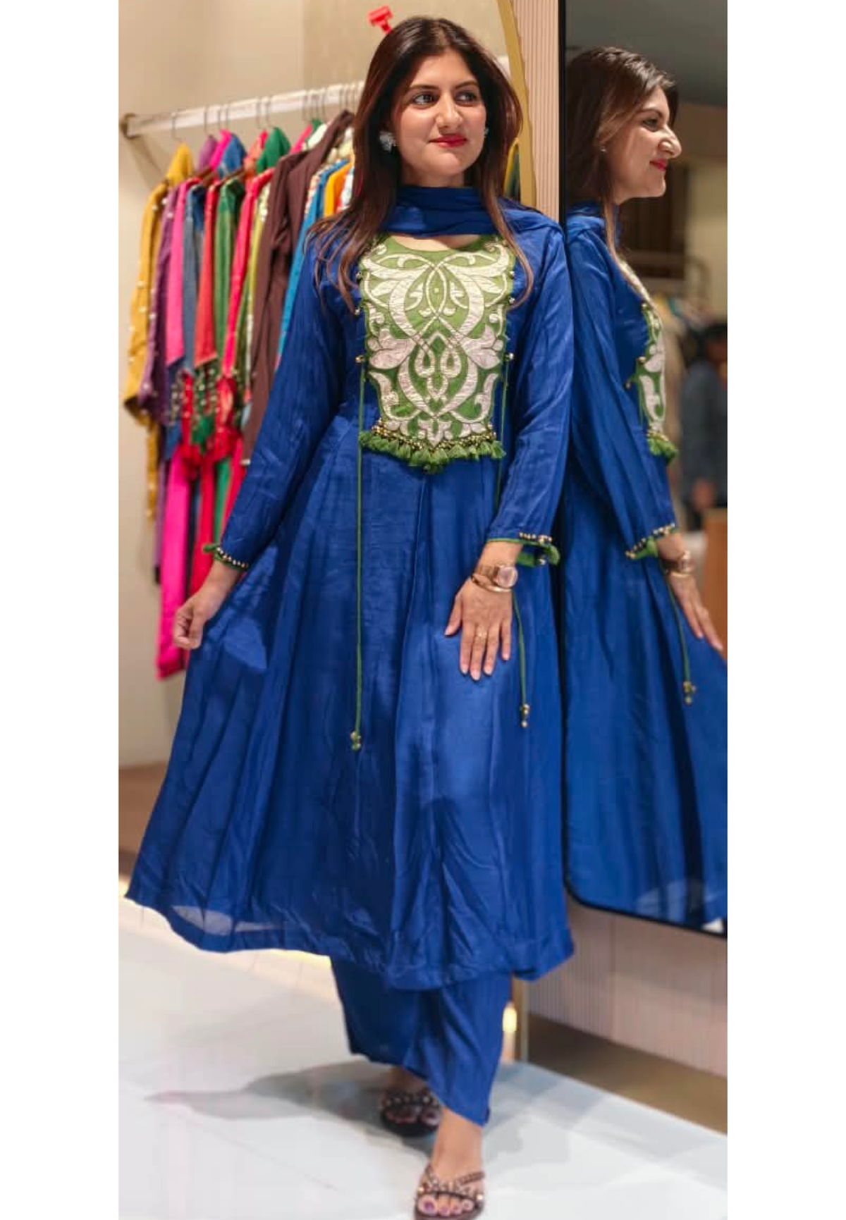 Royal Blue Appliqué with Green Contrast Patchwork & Tassel Details Anarkali Full Suit Set With Dupatta- 16927