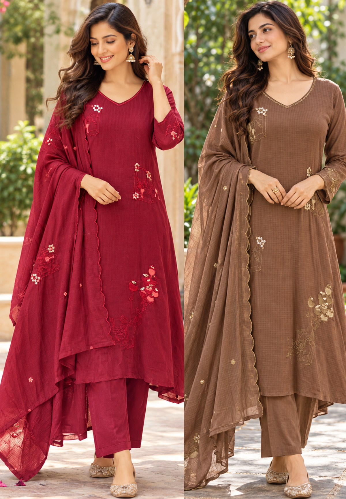 Banarasi Kota Checks Intricate Scattered Floral Embroidery A-Line Solid Full Suit Set With Dupatta- 16882