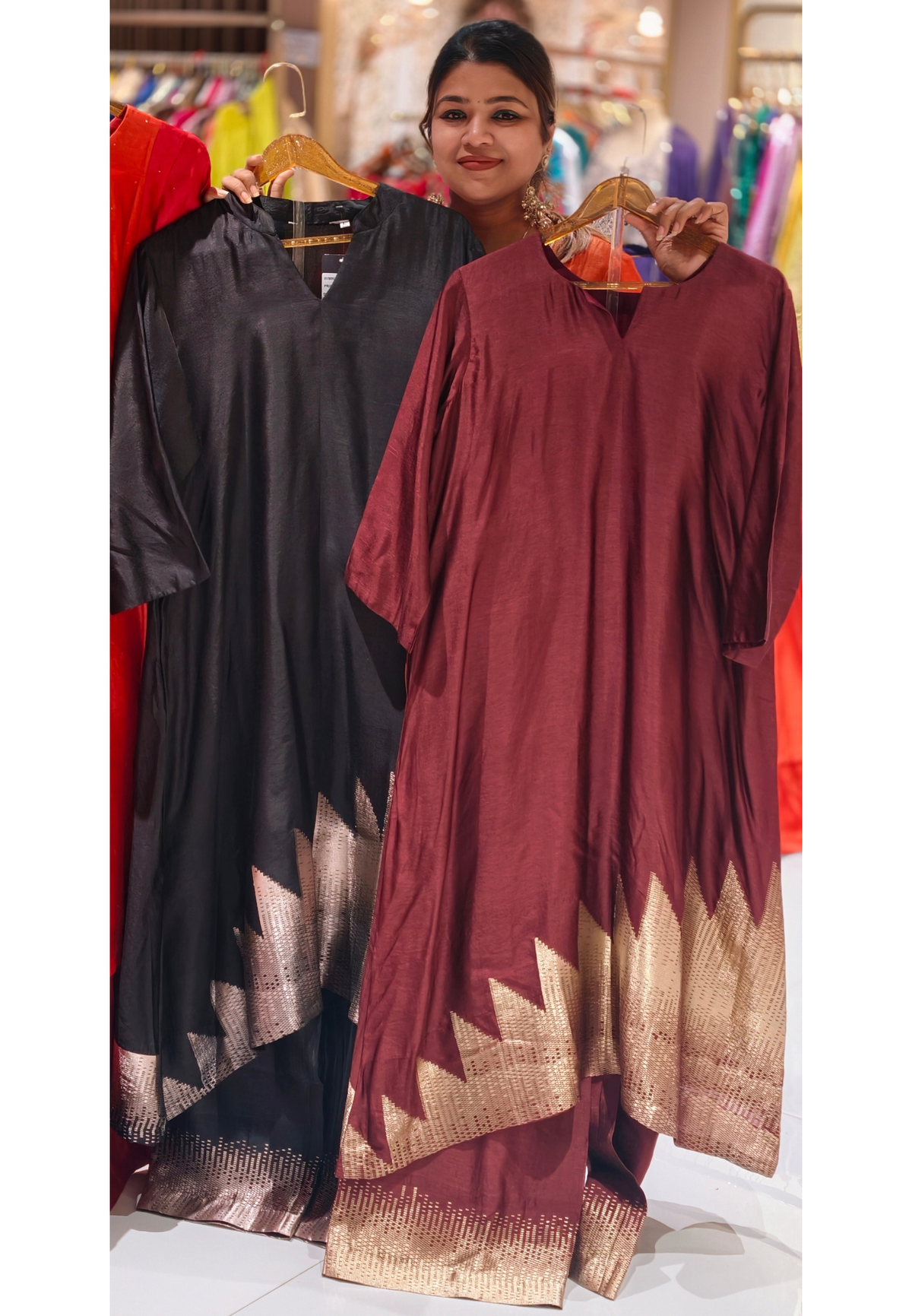 Raw Silk Minimal V-Neckline Statement Antique Gold Geometric Woven Hem Border Aline Kurta and Matching Loose Palazzo Bottom- 17038 Dispatching After 30 Days