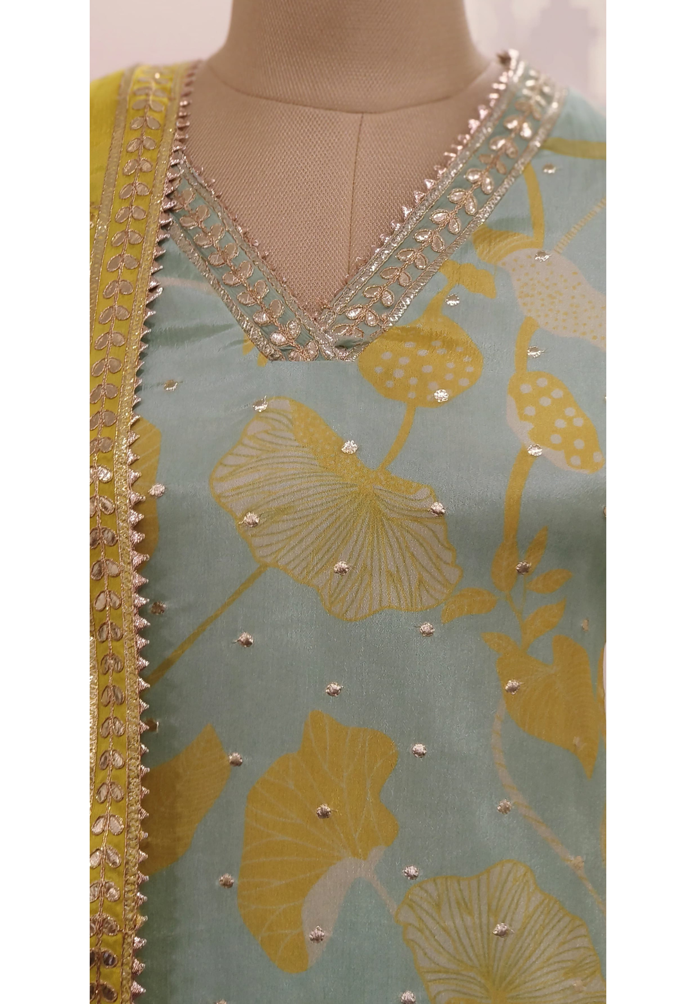 Beautiful chinon V-neck embroidery full set with sharara and dupatta  DRY WASH 05907