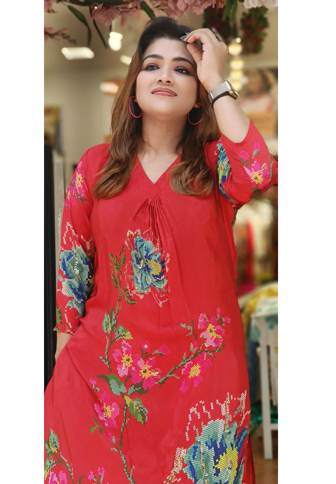Beautiful Red Crape floral print V-neck kurta pant set of-2 DRY WASH-05920  (Dispacthing after 15 days)