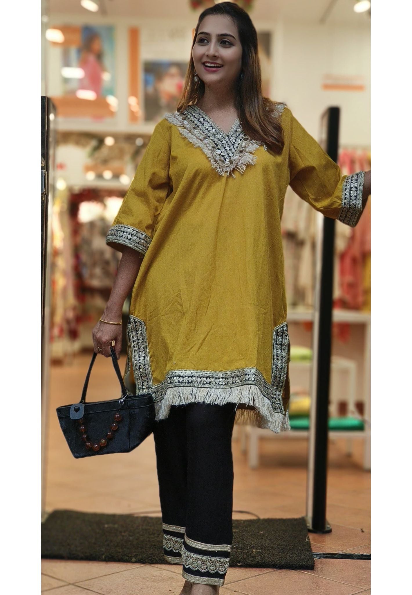 Boho Stylish Cotton V-neck Embroidered Lace Party Wear Kurta With Pant Set DRYWASH 06054