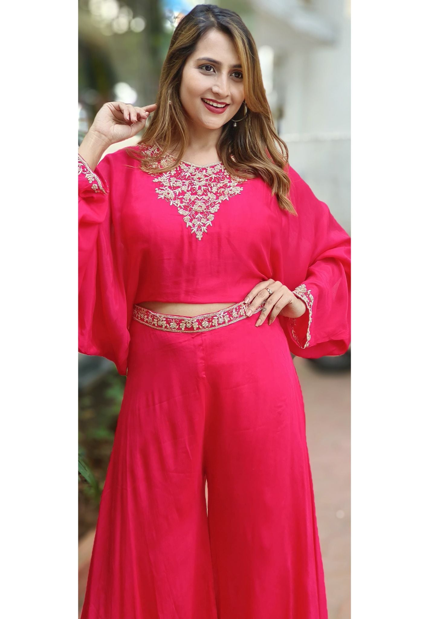 Stylish Embroidered Crape Crop Top with Chinon palazzo pant -05623