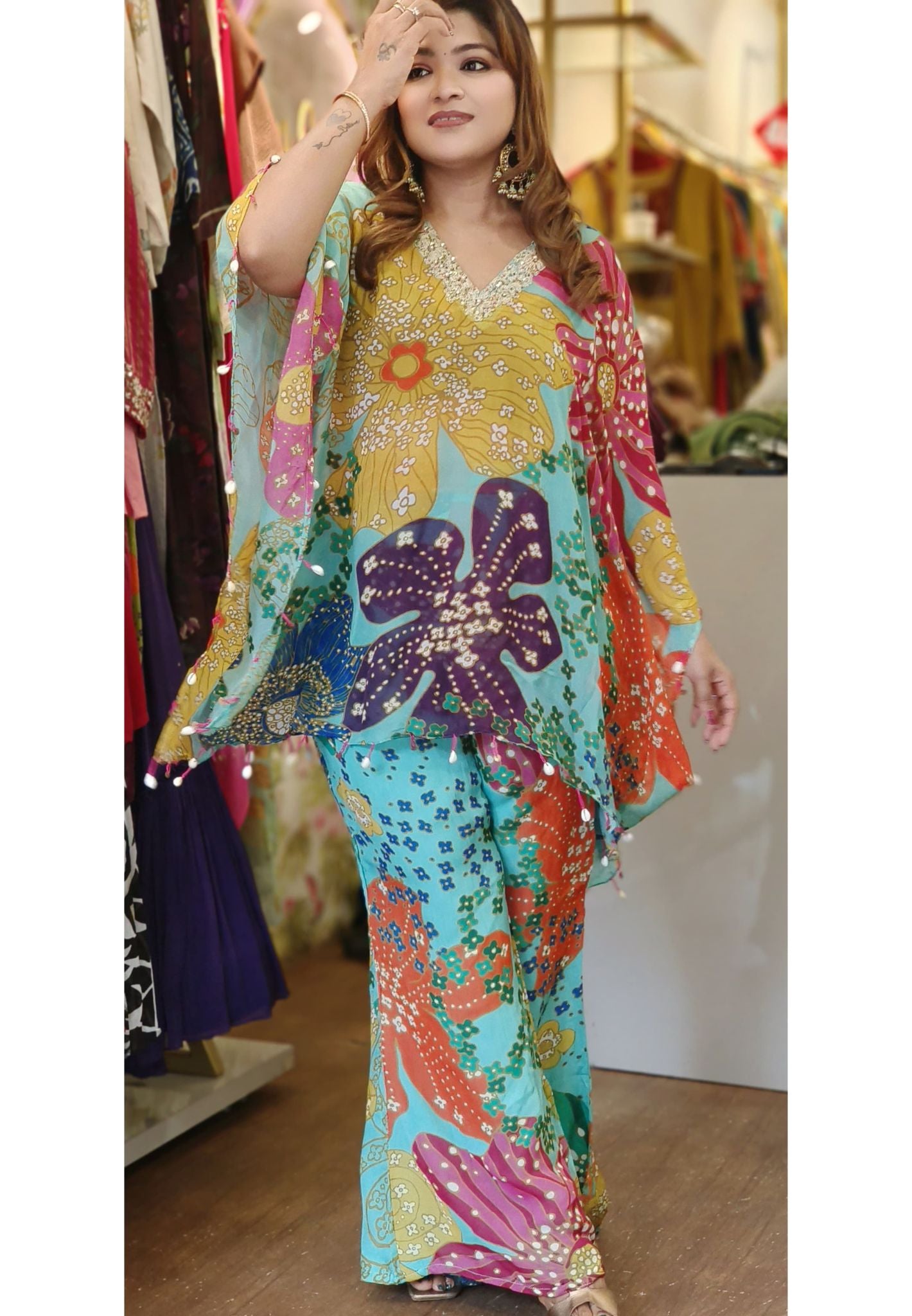 Stylish Party Wear Organza Kaftan With Lining And palazzo pant (set of 2) DRYWASH-05985