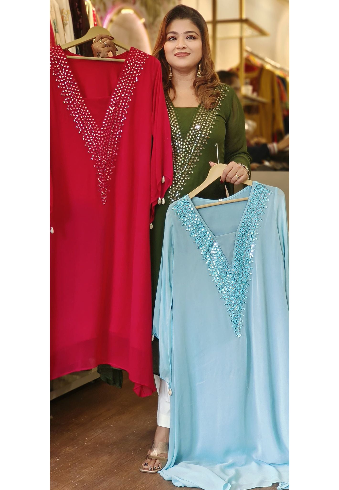 Solid colour Real mirror georgette up and down only kurta-0915 DRY WASH (Dispatching after 20 days)