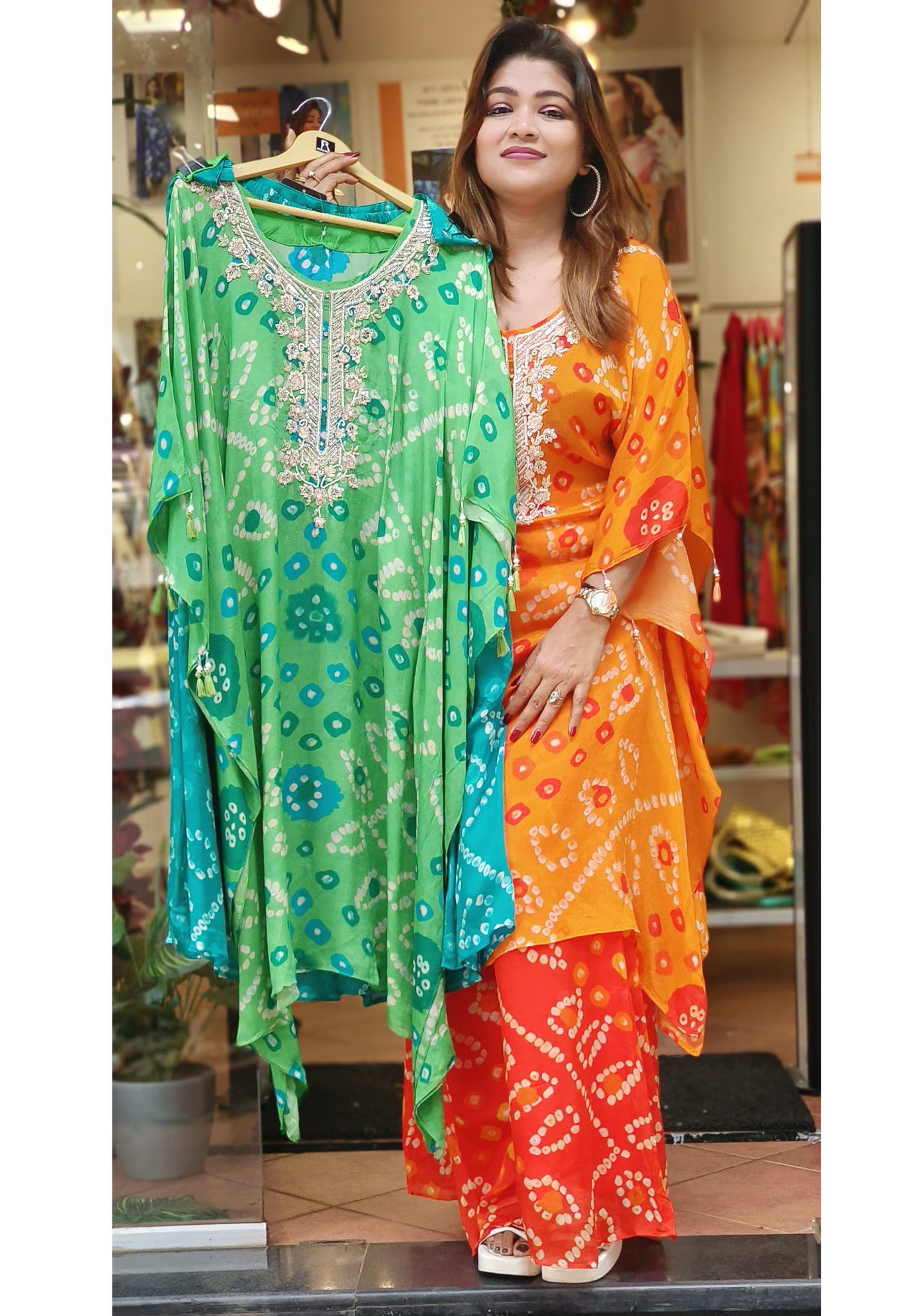 Beautiful pure Chinon Bandhani Print Pearl Cut dana Work Kaftan Kurta With palazzo-06150