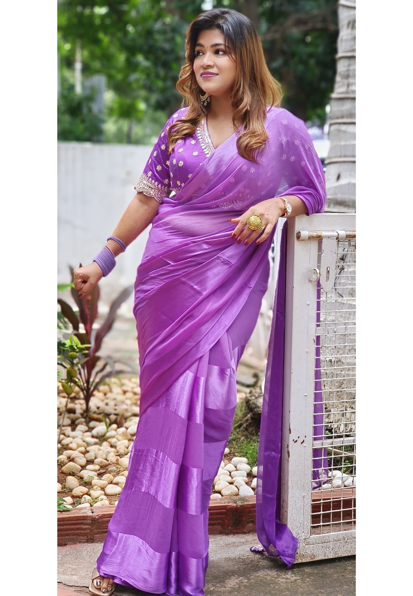 Beautiful Soft Chiffon Satin Saree With Stitched Gotta Cut Work Blouse DRYWASH-06248