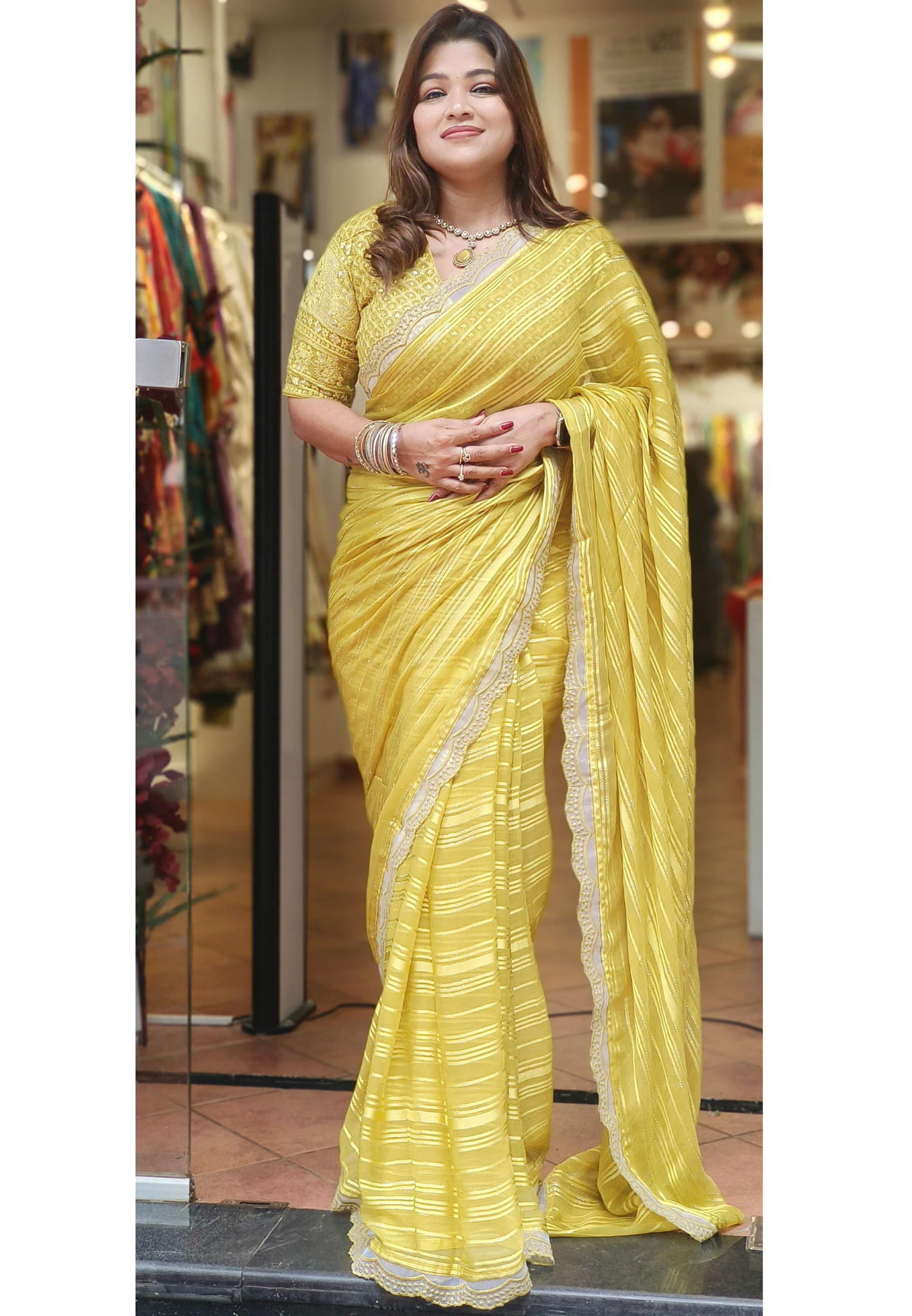Chikankari stitched blouse lurix chinon saree with organza scalap lace DRYWASH-06234