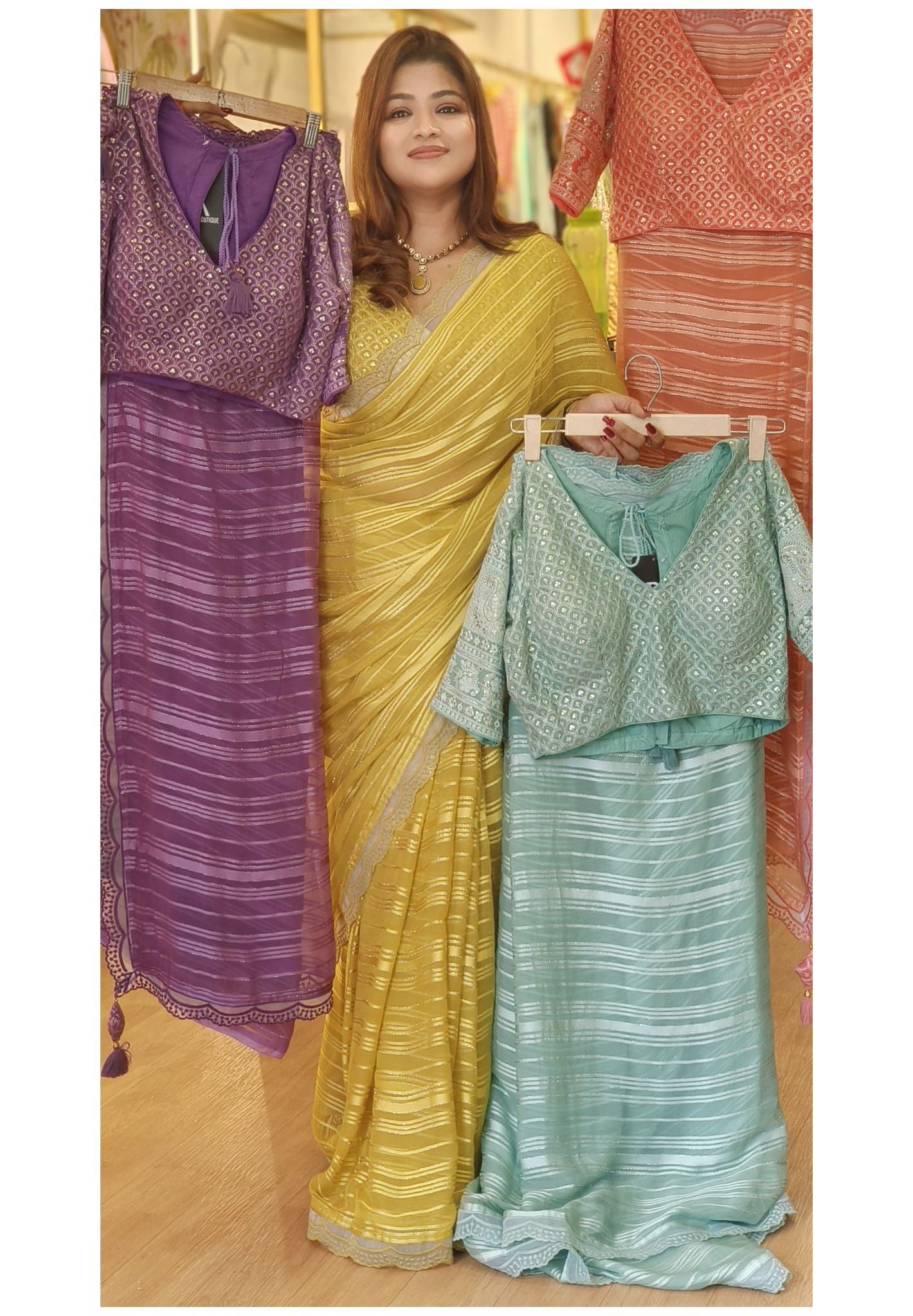 Chikankari stitched blouse lurix chinon saree with organza scalap lace DRYWASH-06234