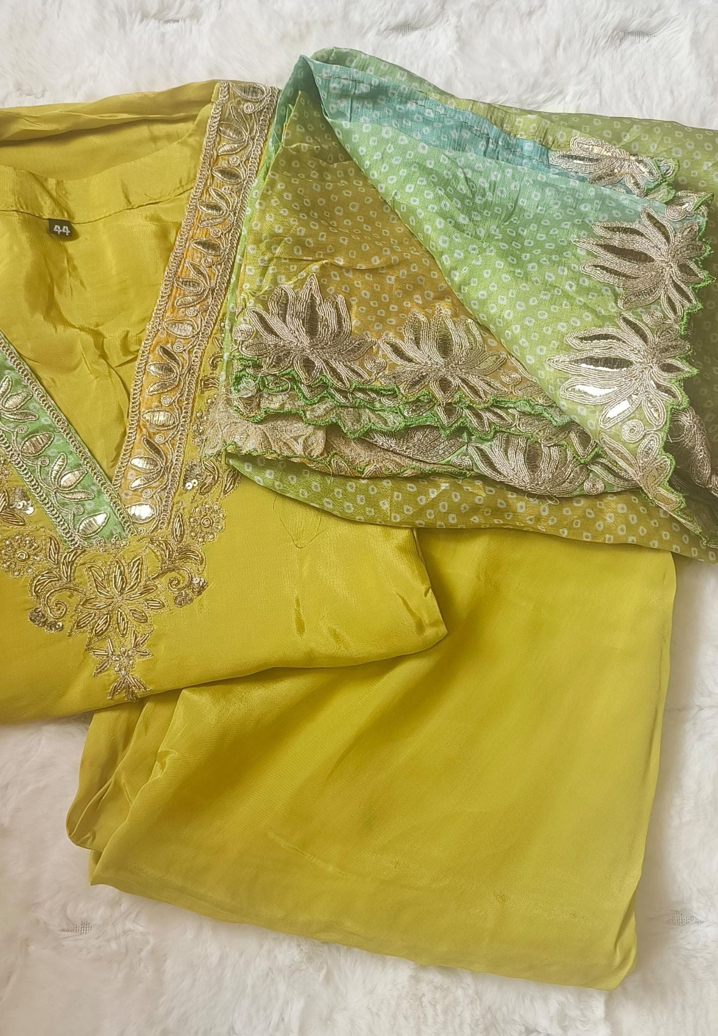 Beautiful Zardozi V-neck Embroidered Crape Kurta with High and Low Plazzo and Chinon Bandhani Dupatta DRY WASH-0634