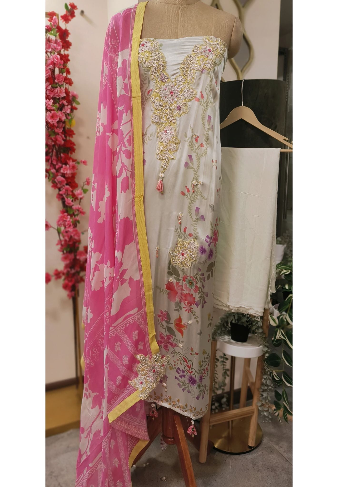 Crape Embroidered Unstitched Full Suit with Organza Dupatta Dress Material -0