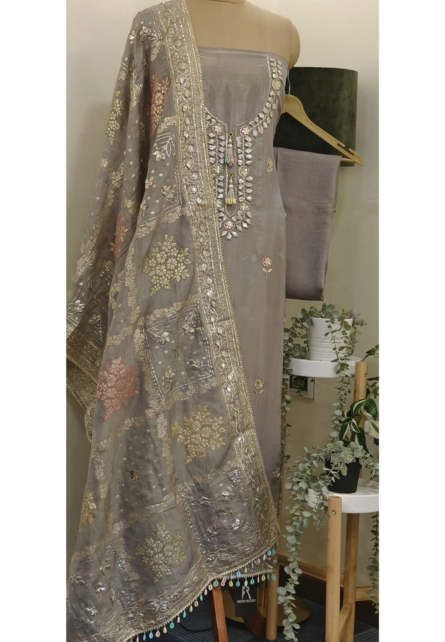 Shimmer Tissue Gotta Work Embroidery Unstitched Full Suit with Dupatta Dress material with embroidery-06110