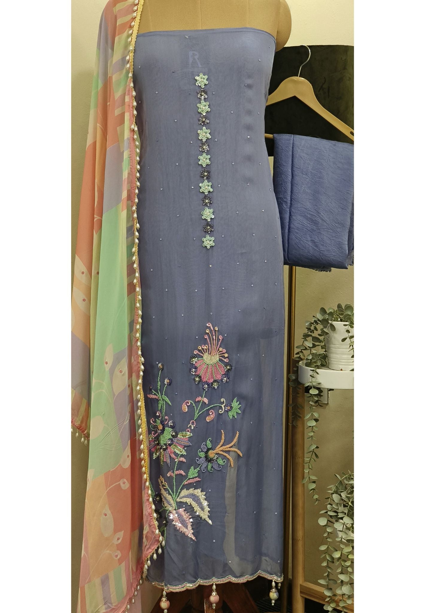 Pastel Shade Organza Embroidered Unstitched Full Suit With Organza Dupatta Dress material -06105