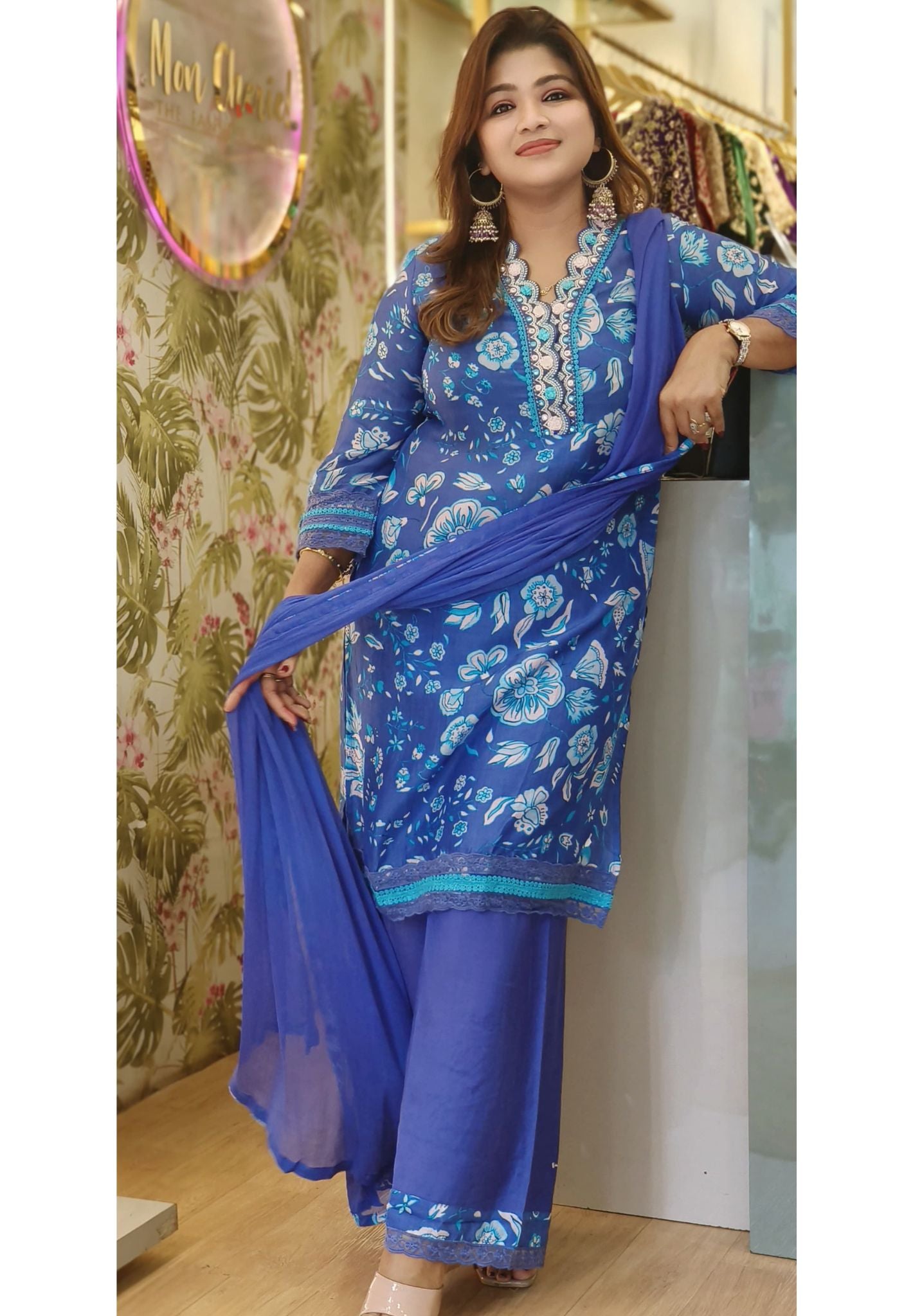 Muslin Floral Printed Foil Mirror Work Full Suit-06389