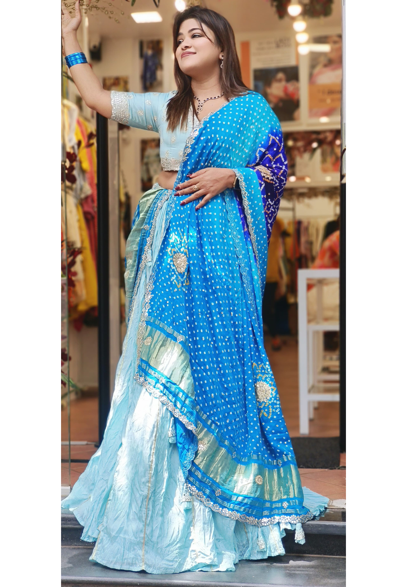 Heavy Partywear Lehenga Mirror Embroidered Blouse with Crushed skirt With Bandhani Dupatta DRYWASHONLY 0-06459-60 Dispatching will be on friday
