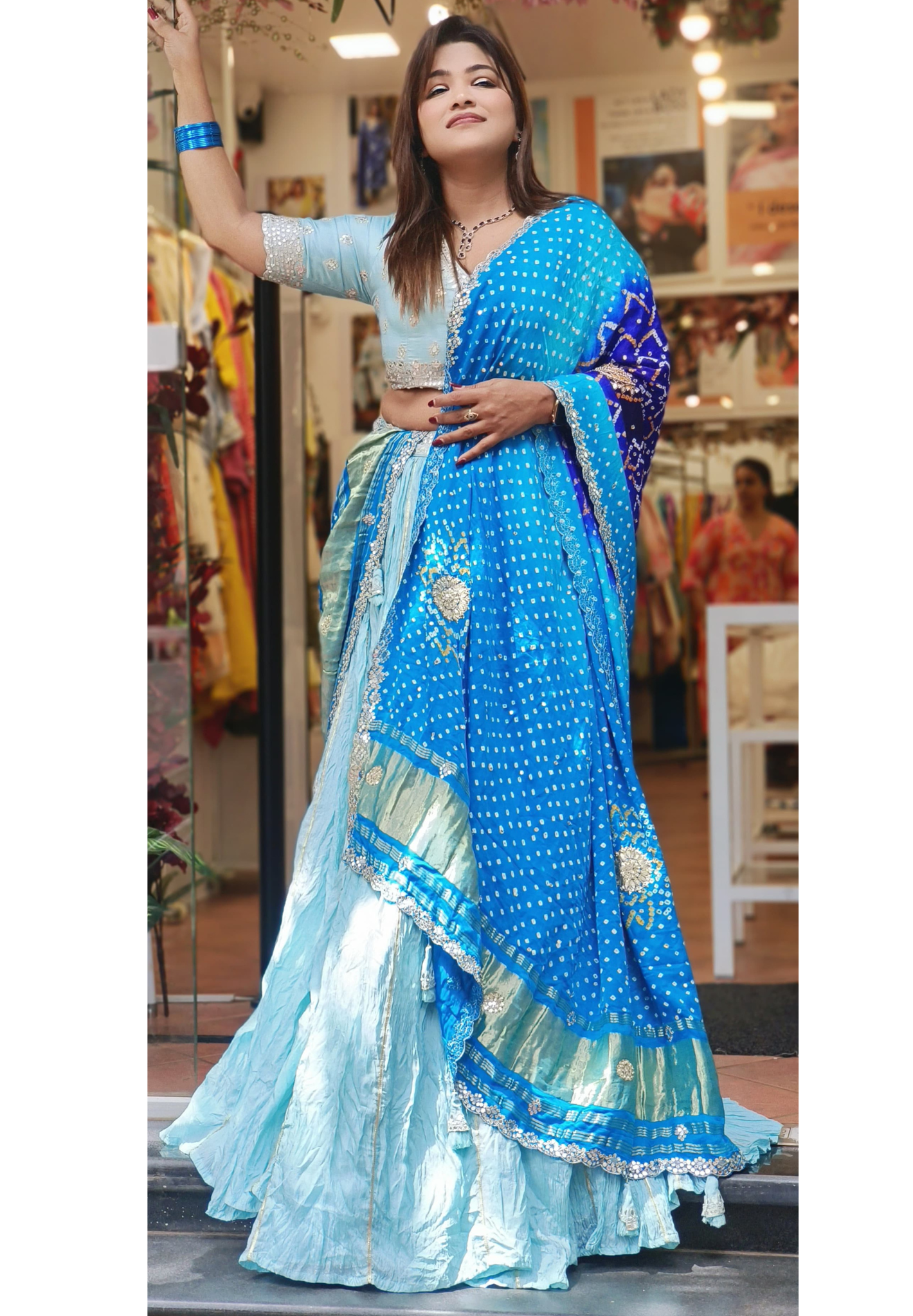 Heavy Partywear Lehenga Mirror Embroidered Blouse with Crushed skirt With Bandhani Dupatta DRYWASHONLY 0-06459-60 Dispatching will be on friday