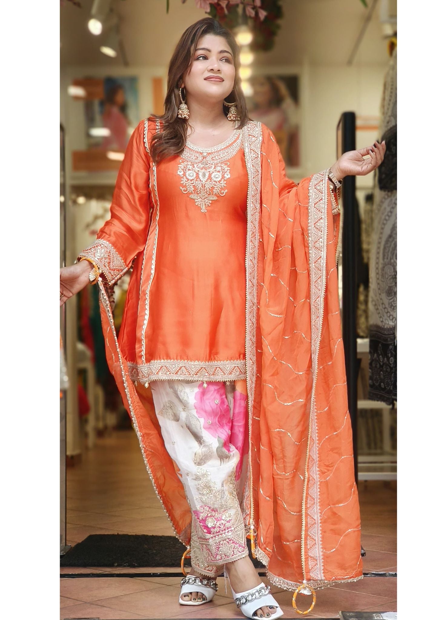 Stylish Party Wear Neck Embroidery A line Kurta With Flower Printed Salwar pant And Dupatta- With Bag-06525