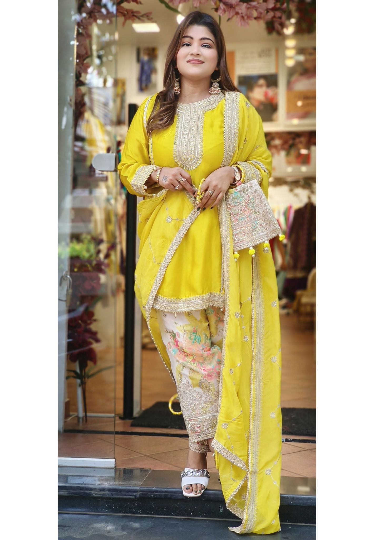 Stylish Party Wear Neck Embroidery A line Kurta With Flower Printed Salwar pant And Dupatta- With Bag-06525