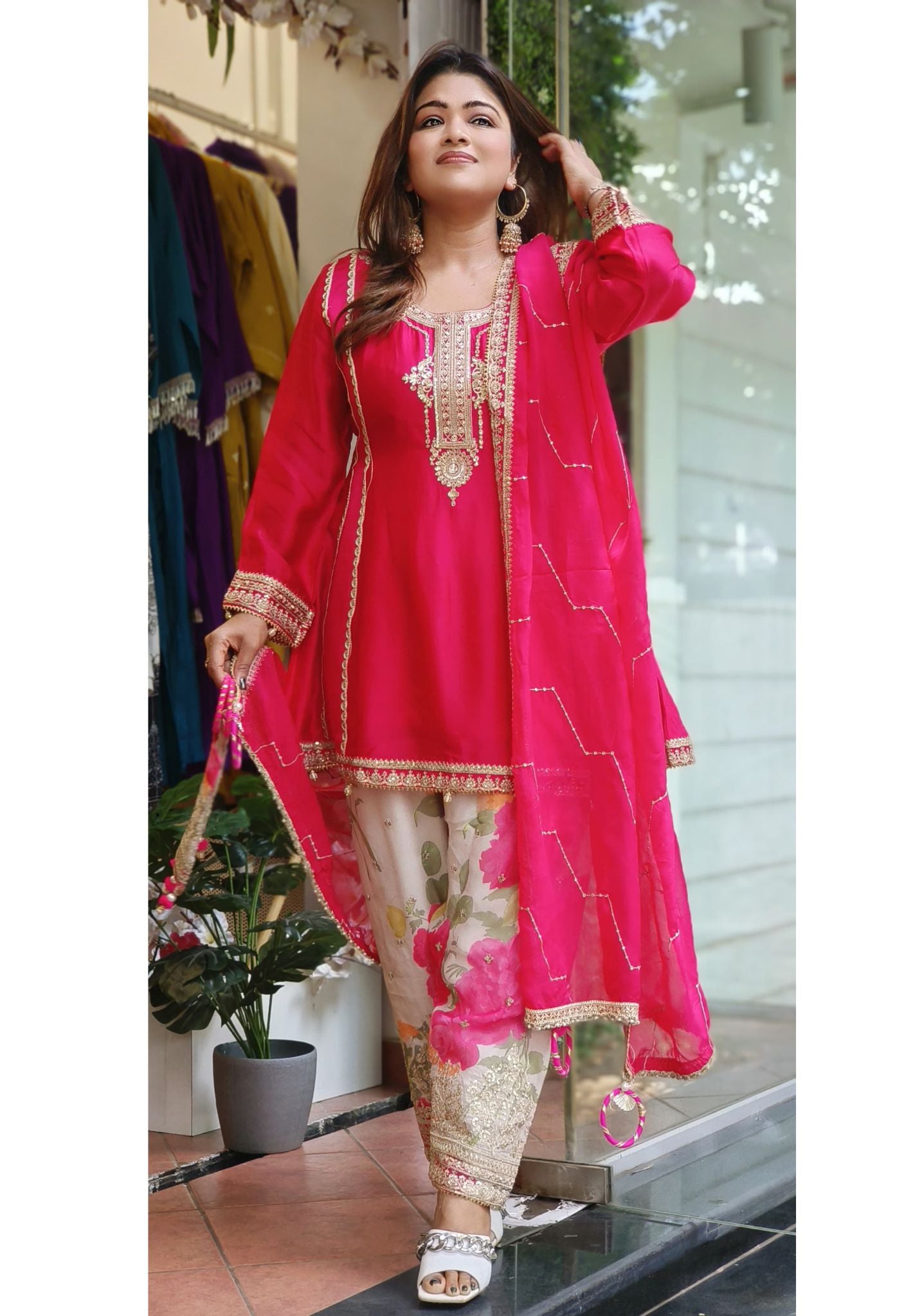 Styles Party Wear Neck Embroidery Kurta Flower Print  Salwar Pant And Dupatta-06523-24