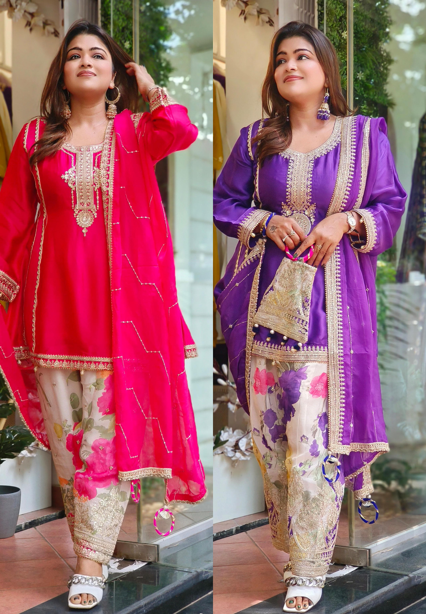 Styles Party Wear Neck Embroidery Kurta Flower Print  Salwar Pant And Dupatta-06523-24