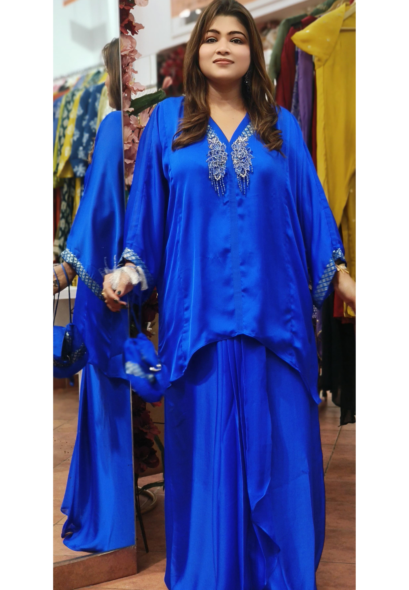 Electric Blue Indowestern Party Wear Pure Satin Oversize kaftan with stylish Skirt