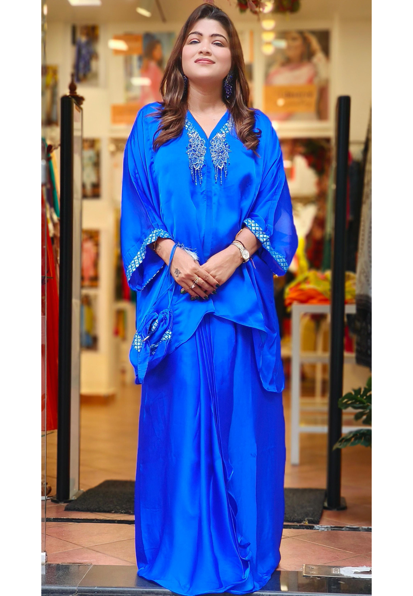 Electric Blue Indowestern Party Wear Pure Satin Oversize kaftan with stylish Skirt