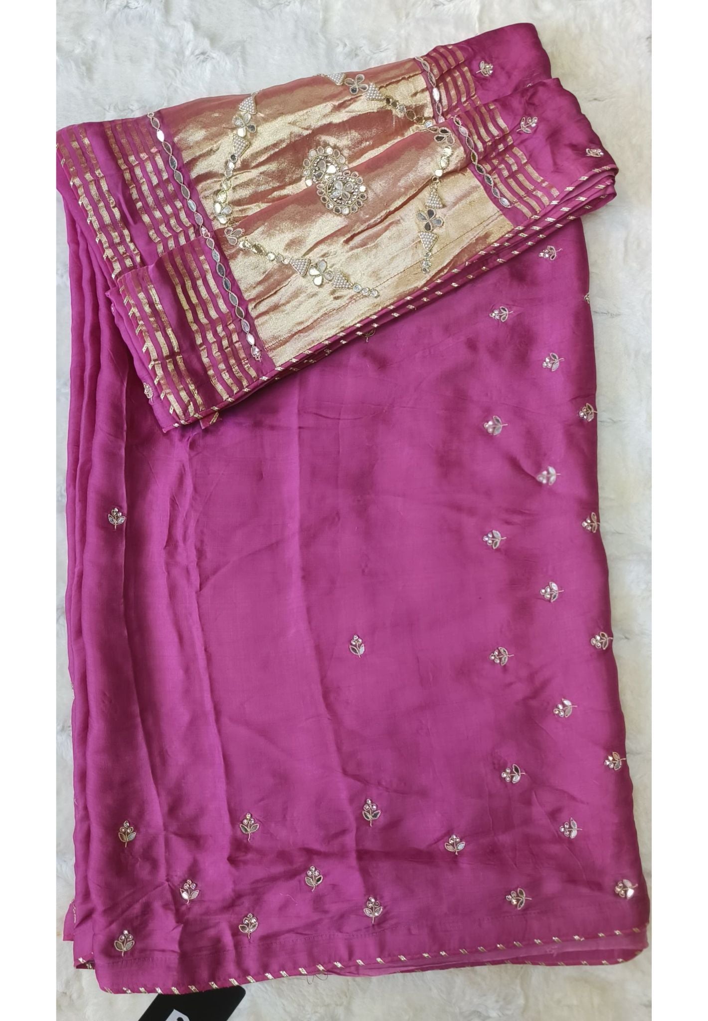 Beautiful Satin Silk Foil Mirror work Saree With Unstitched Blouse -