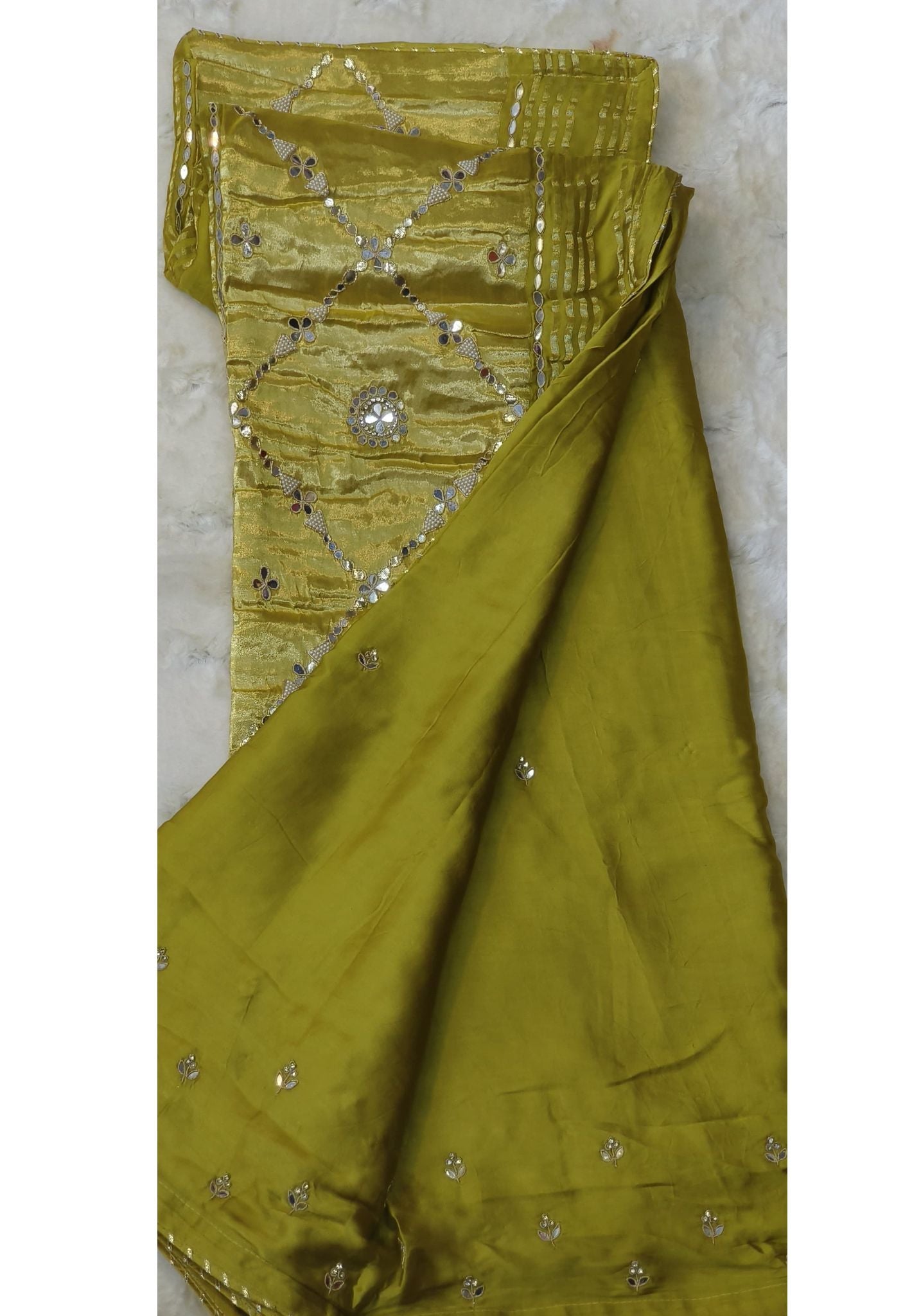 Beautiful Satin Silk Foil Mirror work Saree With Unstitched Blouse -