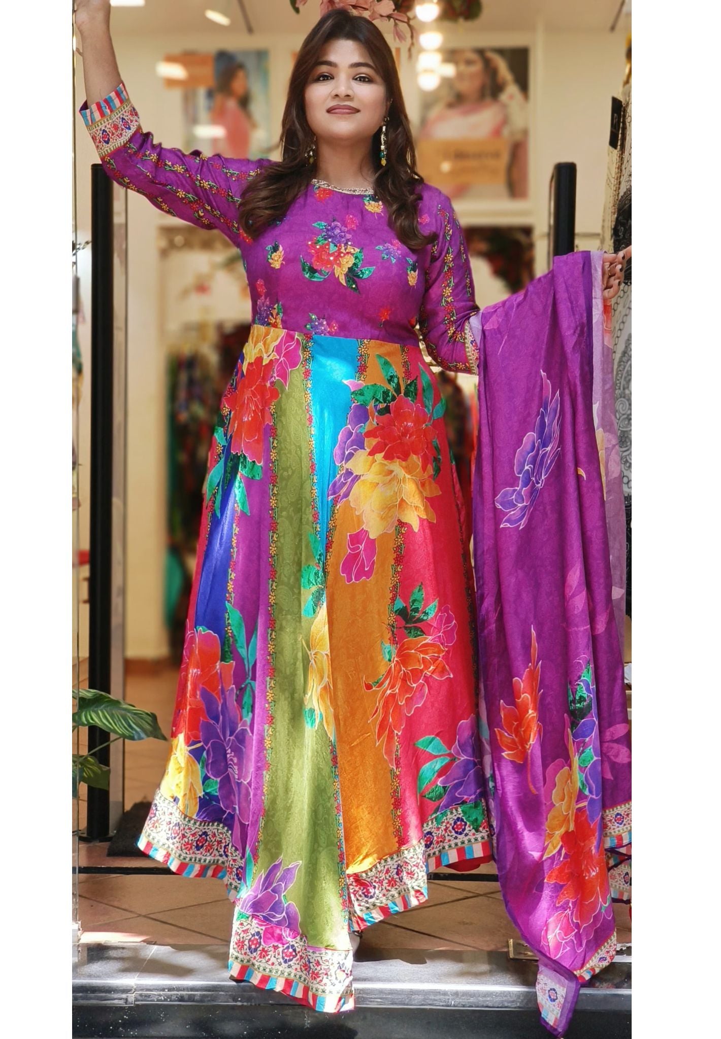 Beautiful Maslin High and low Anarkali Gown with Printed Muslin Dupatta