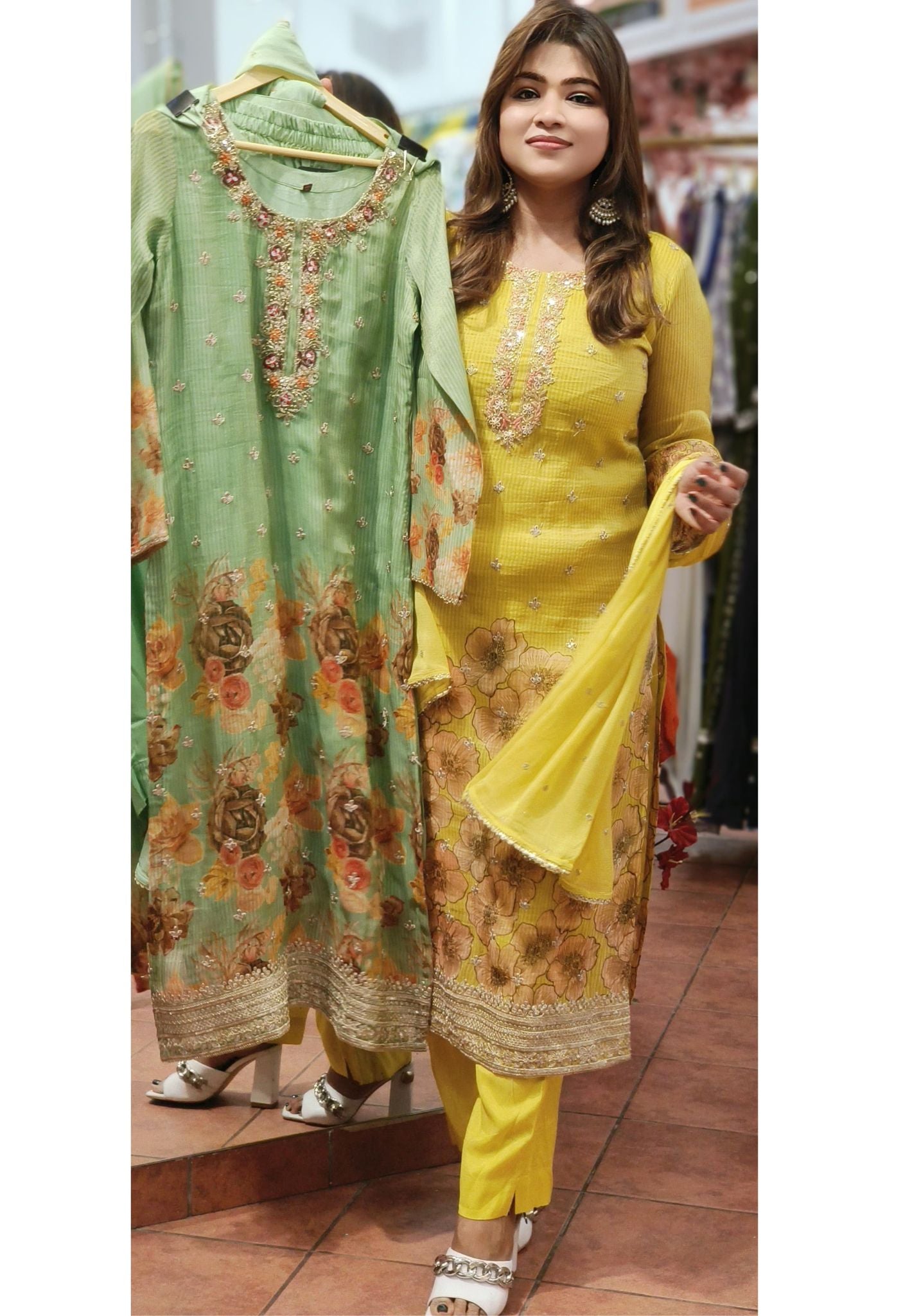 Beautiful Organza Tissue Embroidery Flower Print Full Suit with chiffon Dupatta