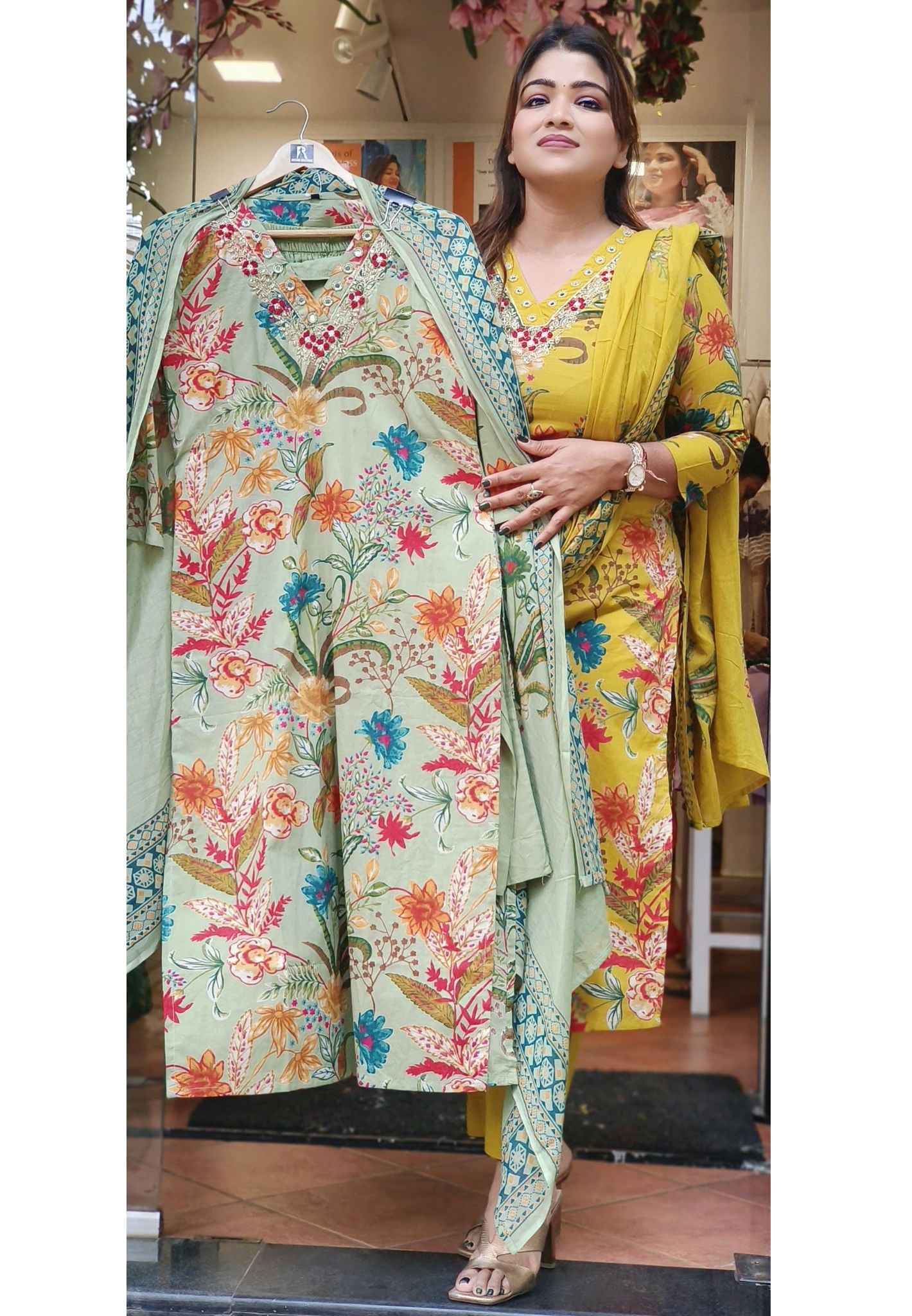 Cotton Flower Print  Beautiful Neck Embroidery Straight Cut  Kurta pant with Mall cotton dupatta-06591-92