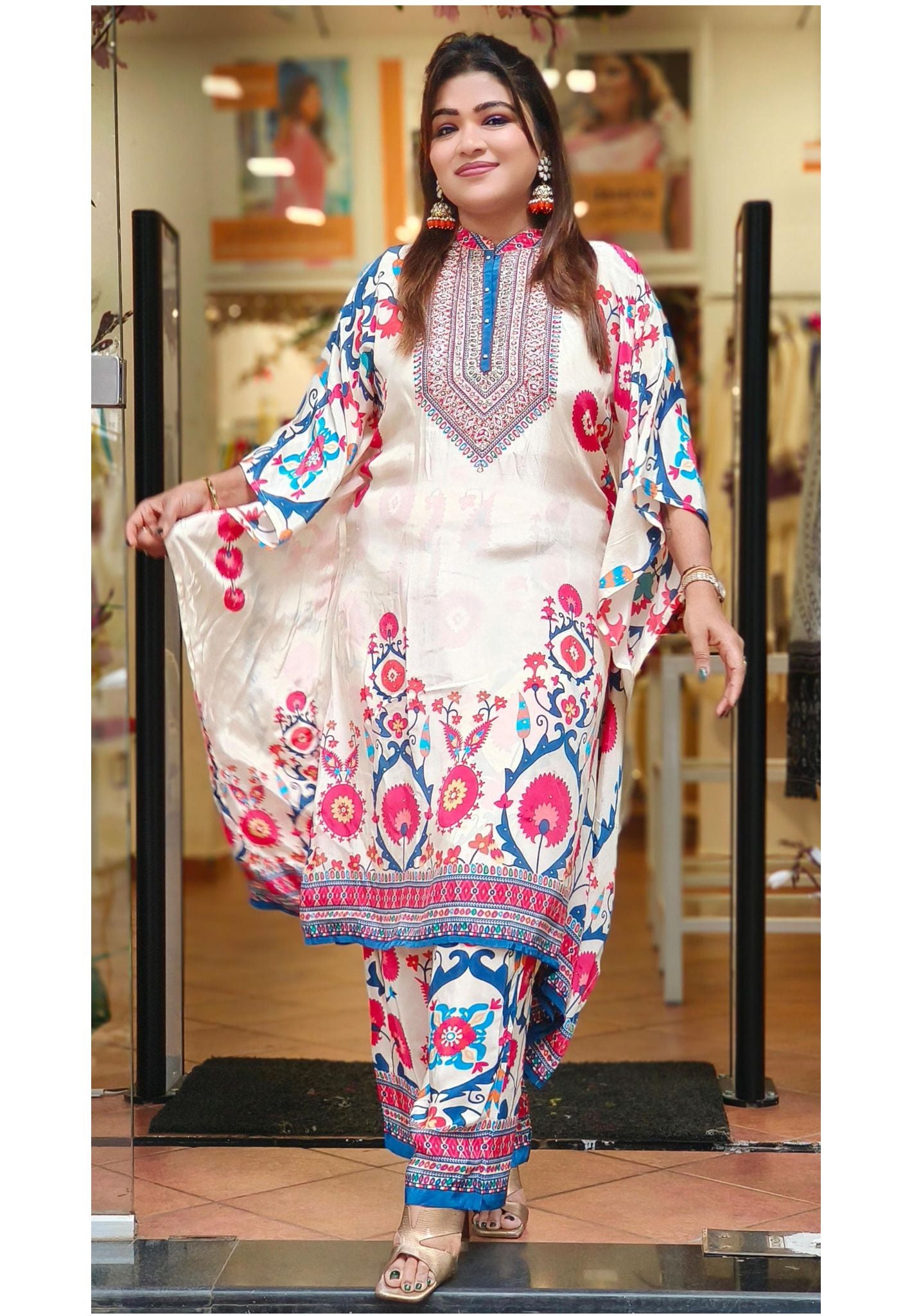 Floral Print Hand Embroidered Pure Crape Kaftan with pant 06625