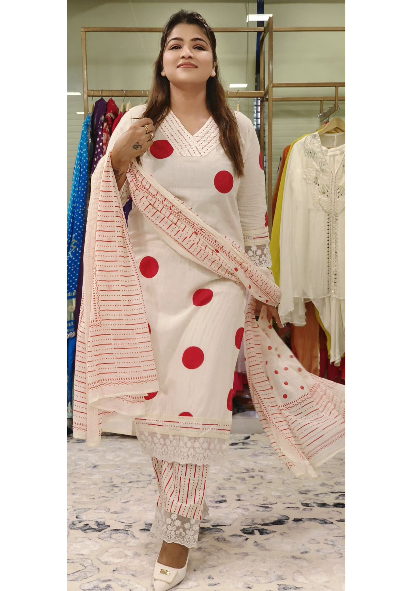 Straight Cut Polka Dot  Print Cotton V-Nick Full Sets-06752-53