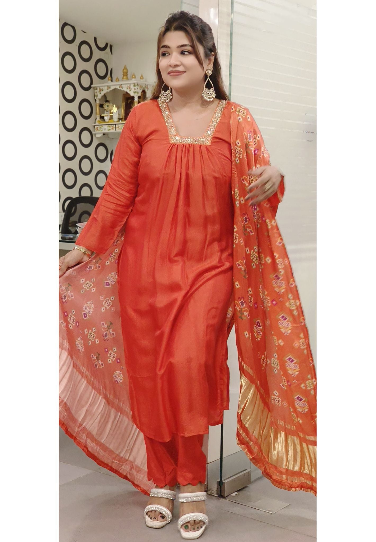 Vibrant Orange Kurta Set with Floral Dupatta and Square Neckline-06681