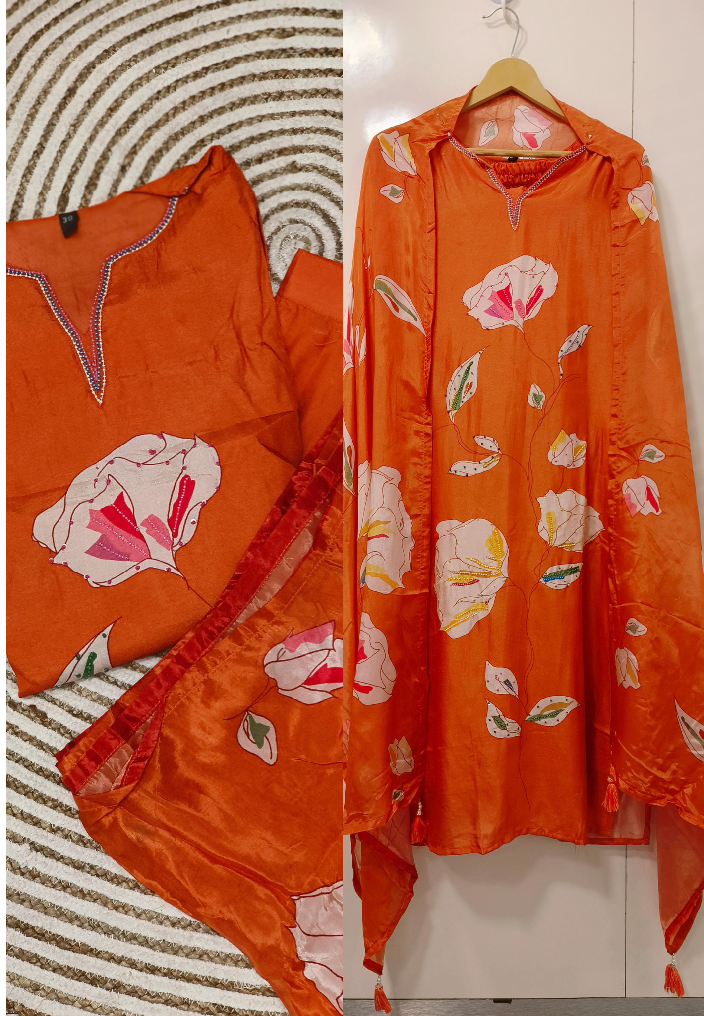 Orange Floral Silk Full Suit Kurta Set with Delicate Neckline Embroidery-06643