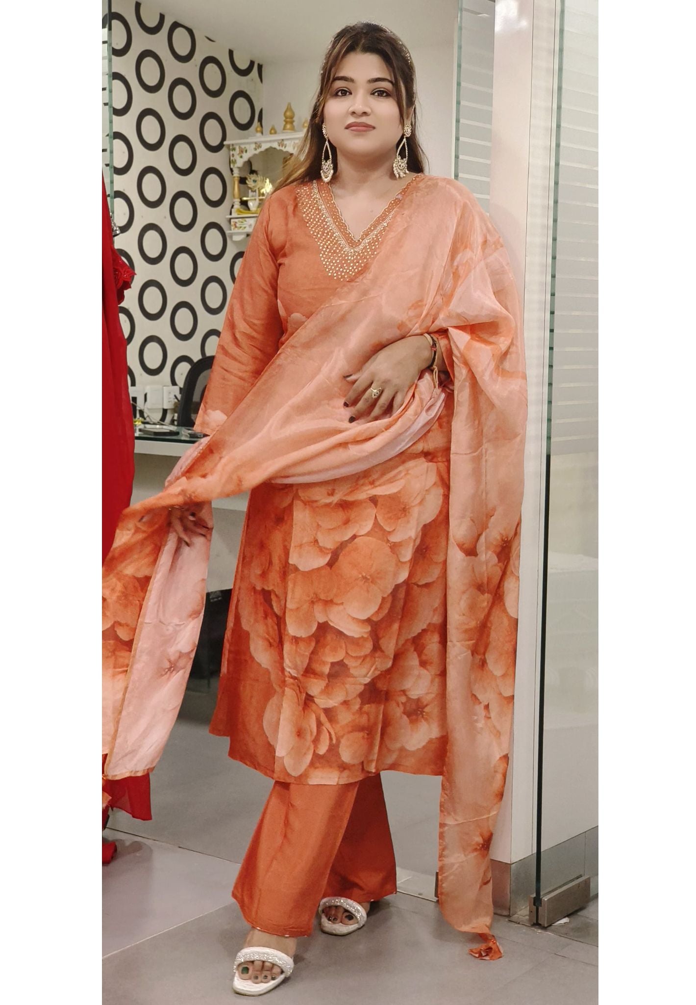 Orange Silk  Flower Print  kurta Pant With Dupatta-06640